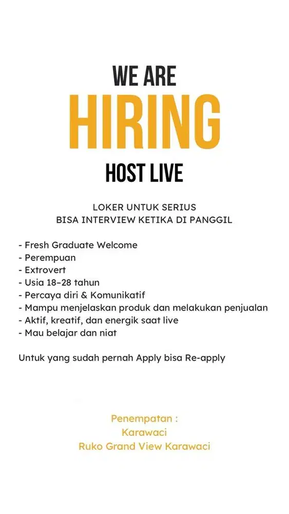 Dibutuhkan segera posisi host live