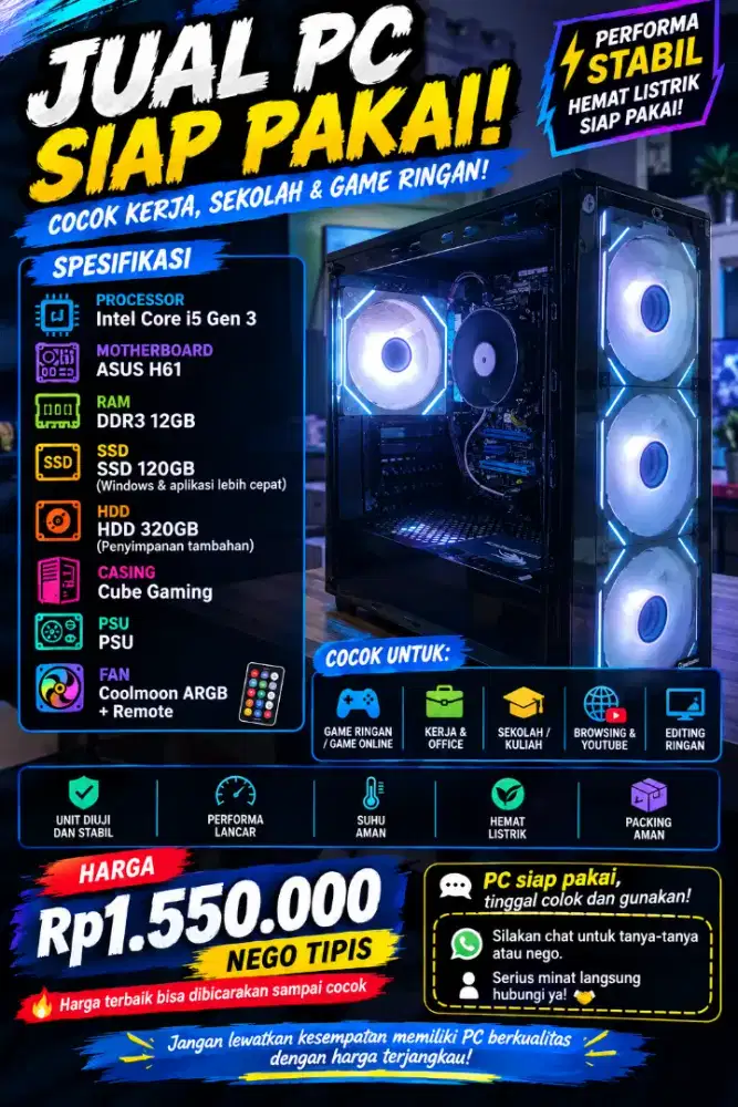 PC I5 GEN 3 16GB SSD120GB HDD320GB SIAP PAKAI