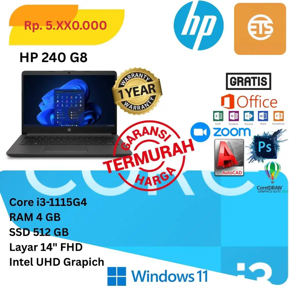 NEW HP 240 G8 CORE I3-1115G4 RAM 4GB SSD 512GB LAYAR 14 INC WINDOWS 11
