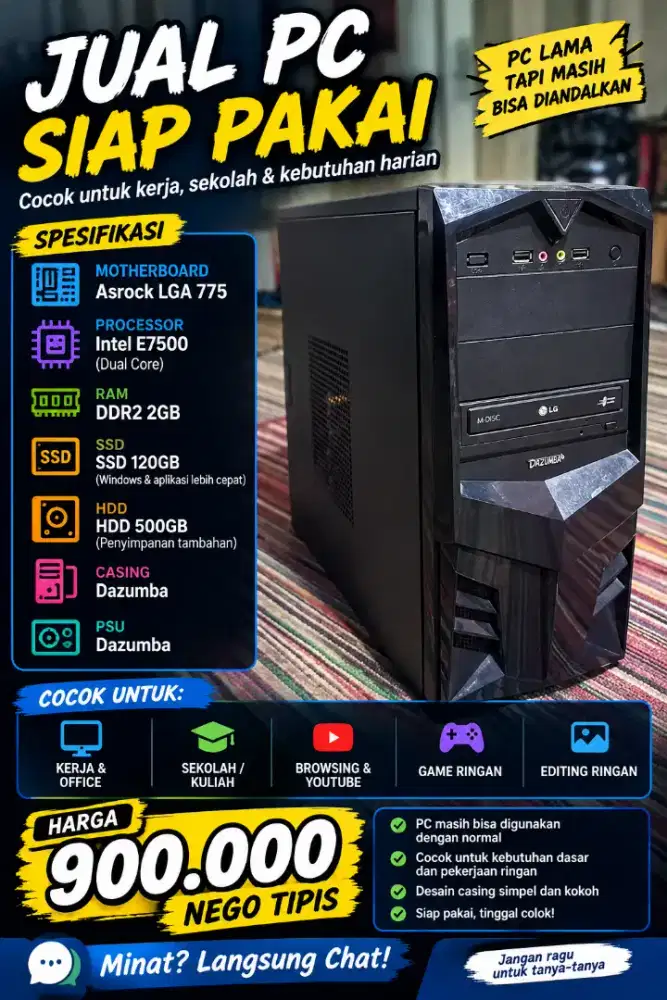 PC Intel E7500 RAM 2GB SSD 120GB + HDD 500GB ASRock LGA775 Siap Pakai