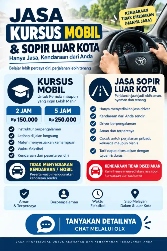Jasa Kursus Mengemudi dan Jasa Sopir Luar Kota