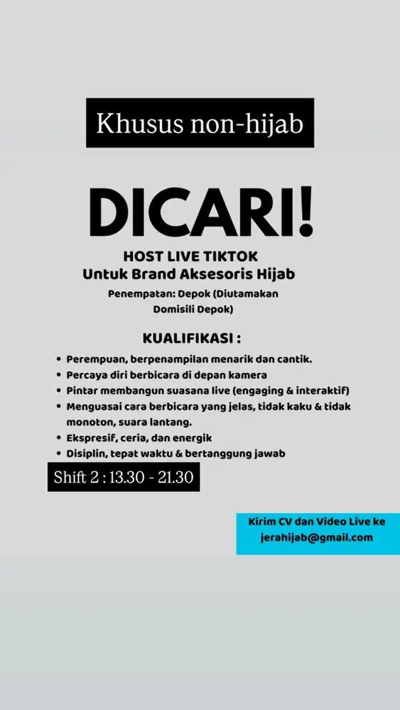 Dicari Host Live Perempuan (Tidak Berkerudung)