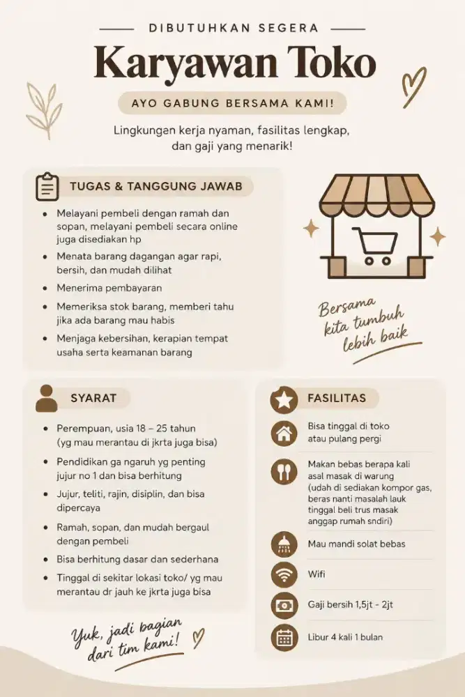 LOWONGAN JAGA WARUNG/ TOKO HUSUS CEWE