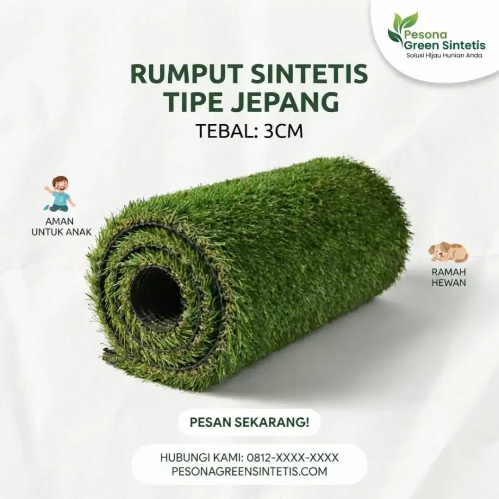 RUMPUT SINTETIS JEPANG 3 CM BERPORI ANTI UV UNTUK DEKORASI TAMAN