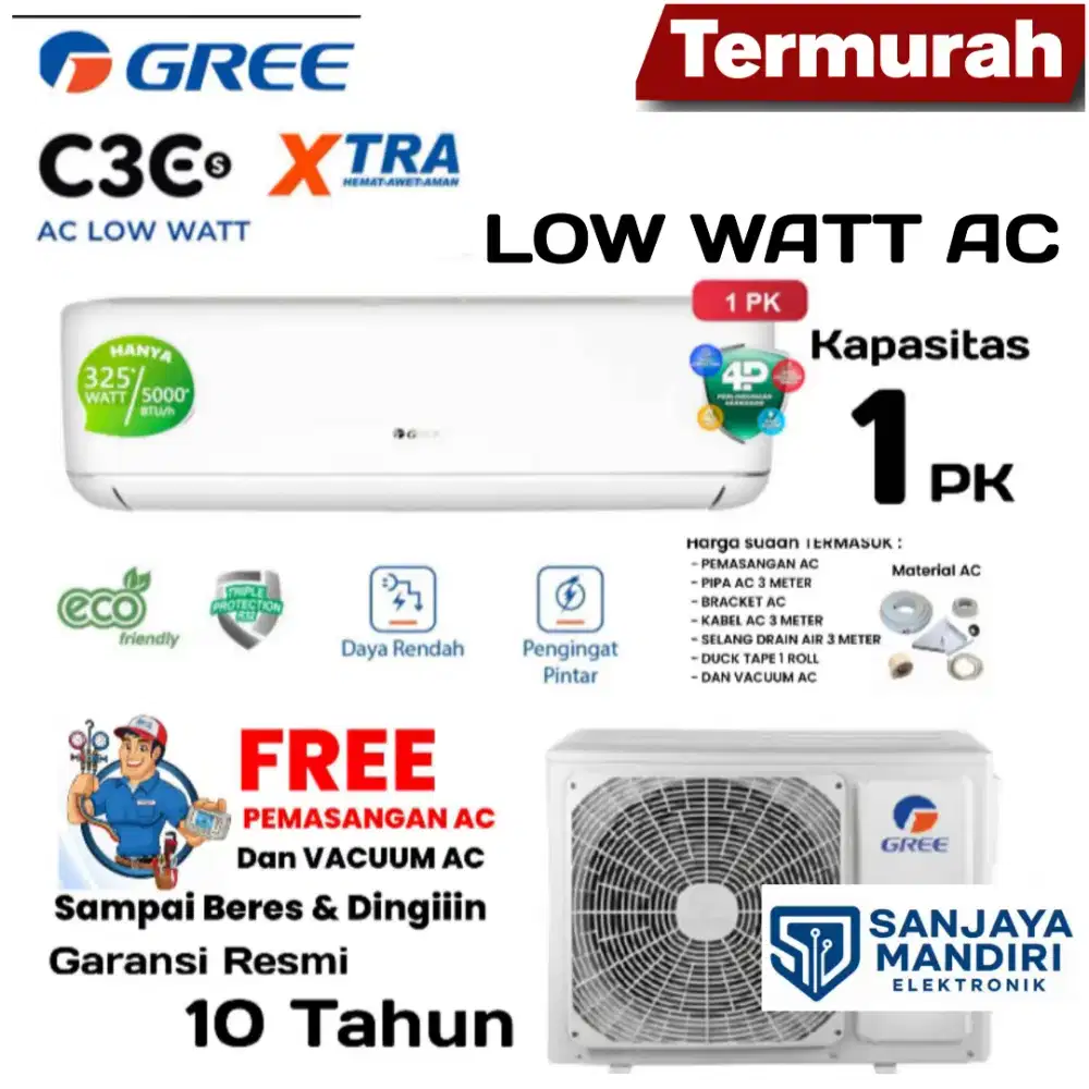 FREE PASANG! AC GREE 1 PK DELUXE LOW WATT 60% Hemat Listrik R32 09C5ES