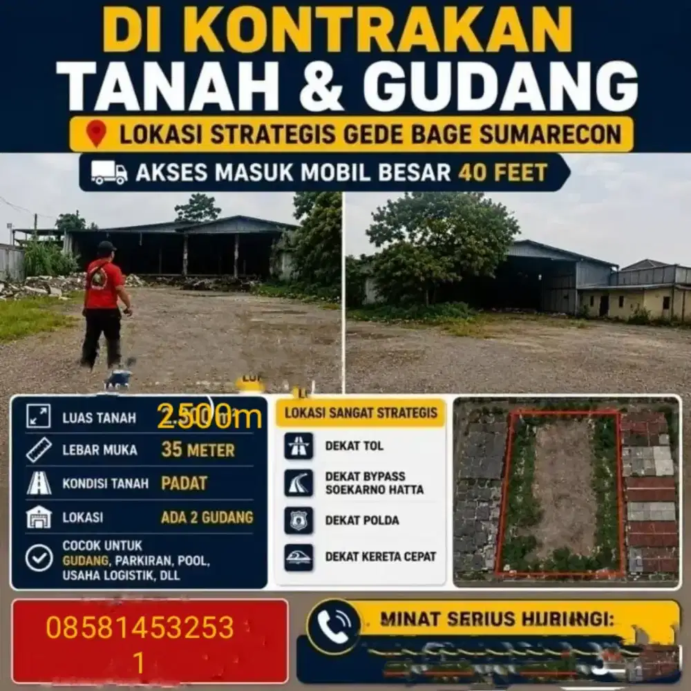 Tanah di sewakan ada gudang lahan tanah nya padat lokasi gede bage