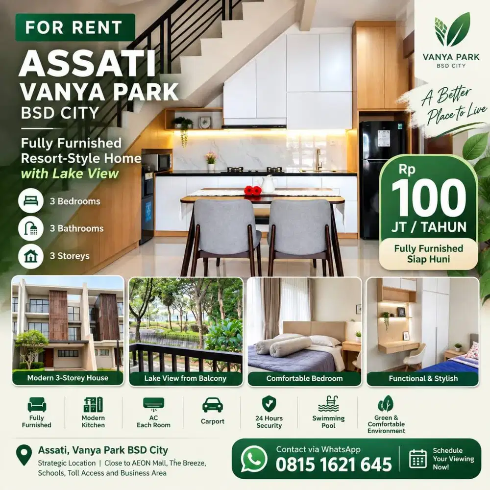 Disewakan rumah Assati Vanya Park BSD City – Full Furnished, 3 lantai