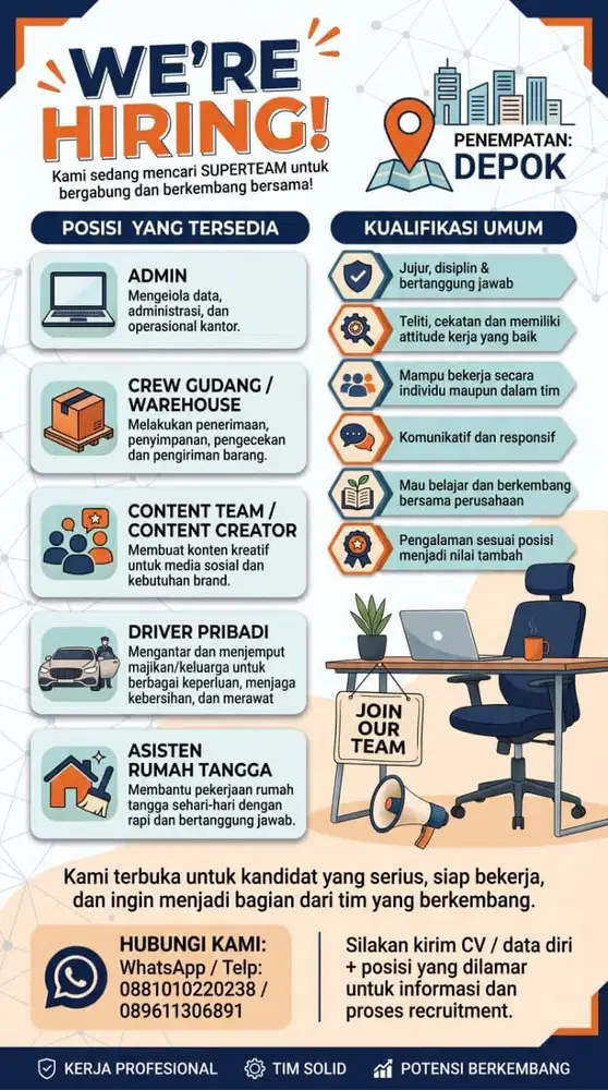Admin, Warehouse, Content Creator, Driver Pribadi
