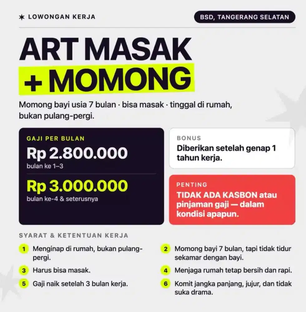 Dicari ART MASAK MOMONG MENGINAP daerah BSD