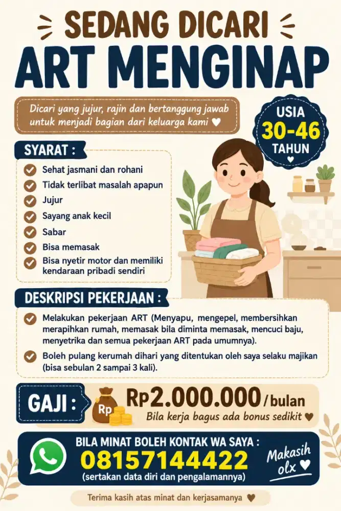 Dicari asisten rumah tangga menginap boleh pulang sebulan 3kali