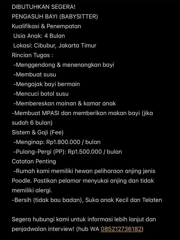 Dibutuhkan Pengasuh bayi/ Momong bayi/ baby sitter