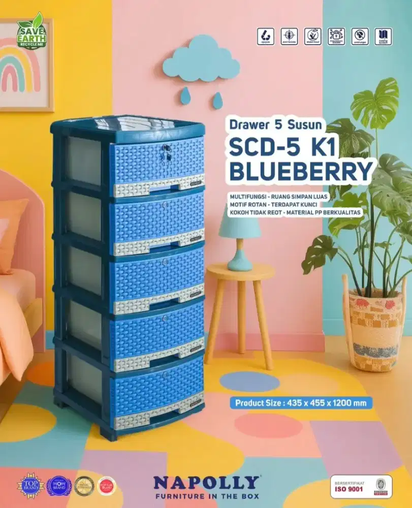 Lemari laci plastik napolly blue ice 5 laci