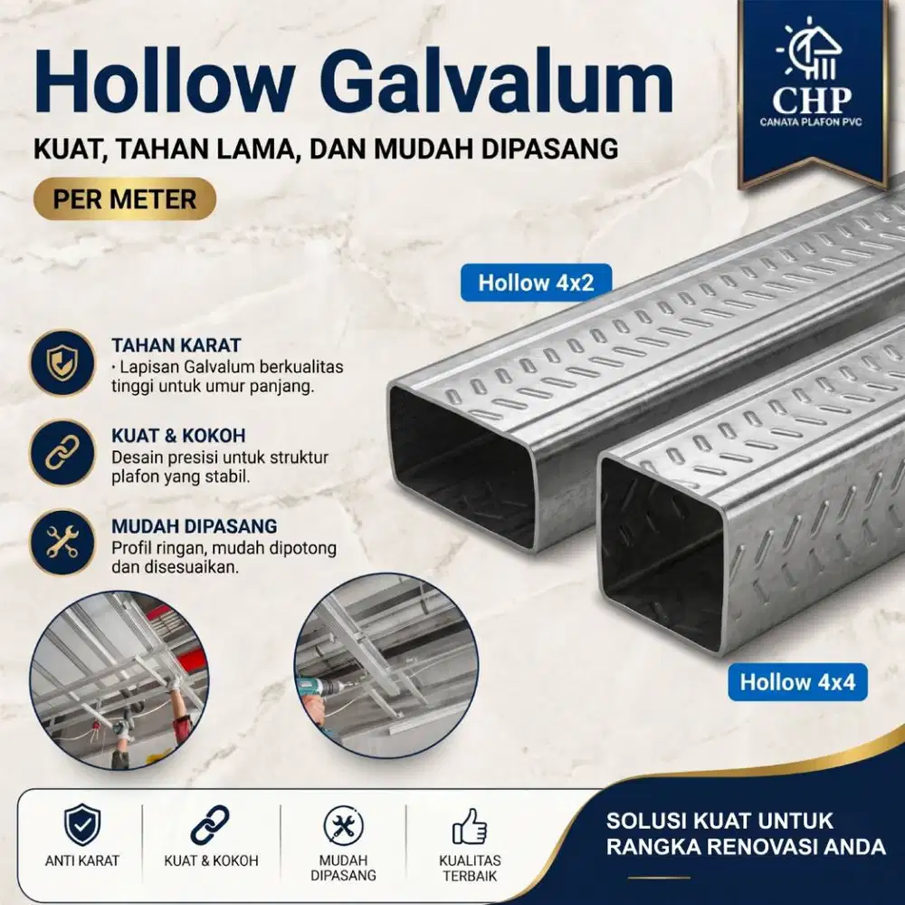 (4M) Hollow Galvalum 4x4 2x4 Plafon PVC Gypsum Anti Karat Meteran