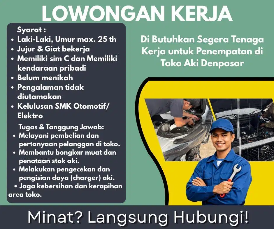 Dibutuhkan Tenaga Kerja Toko Aki di Denpasar Timur