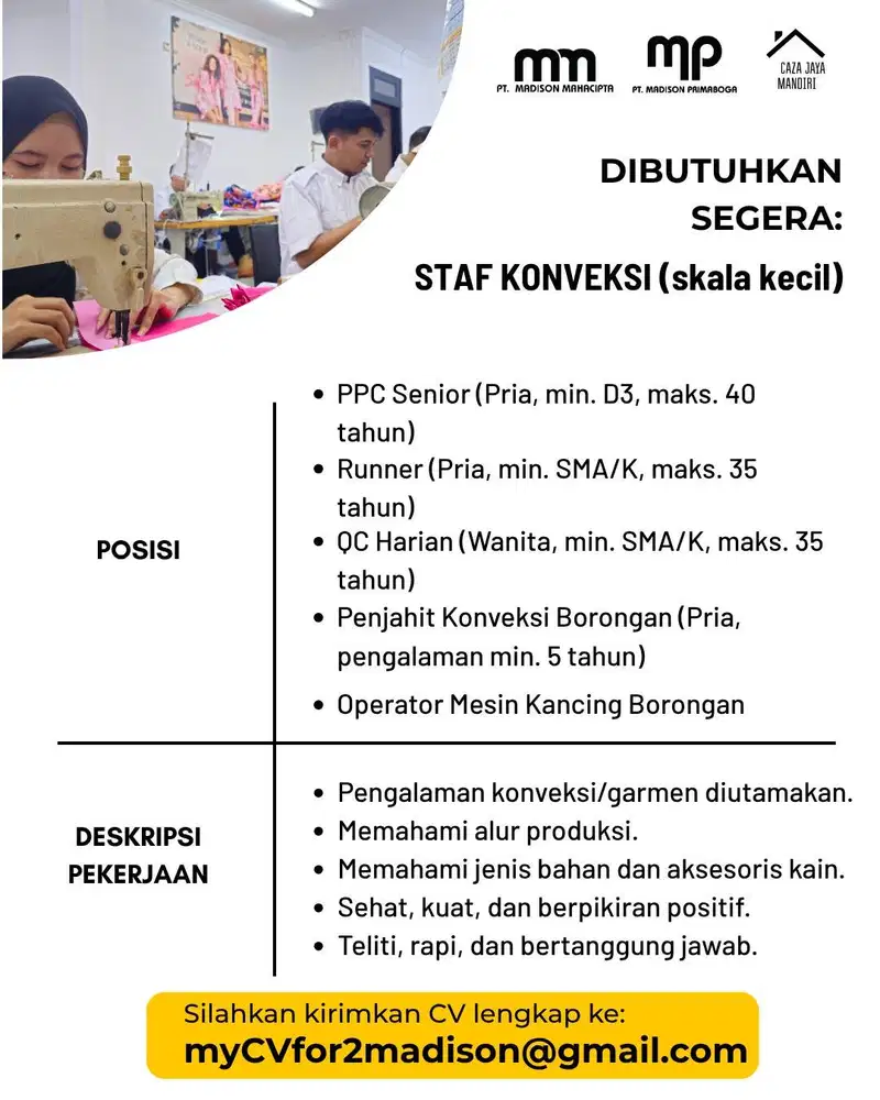 Dicari Staff Konveksi Wilayah Jakarta Selatan