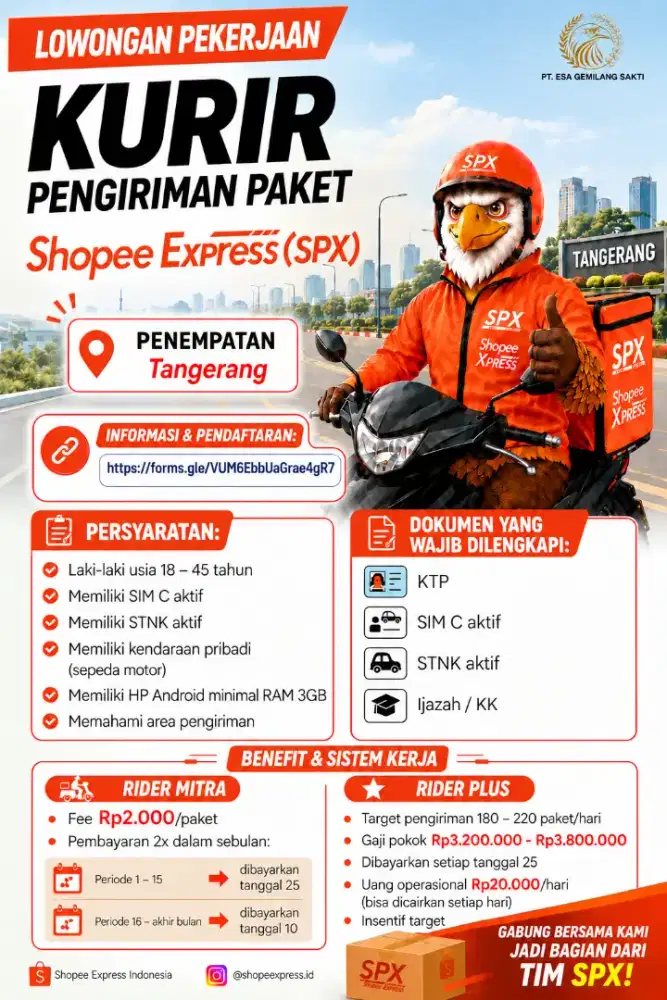LOKER KURIR SPX SHOPEE EXPRESS TANGERANG, JAKARTA, DAN BOGOR