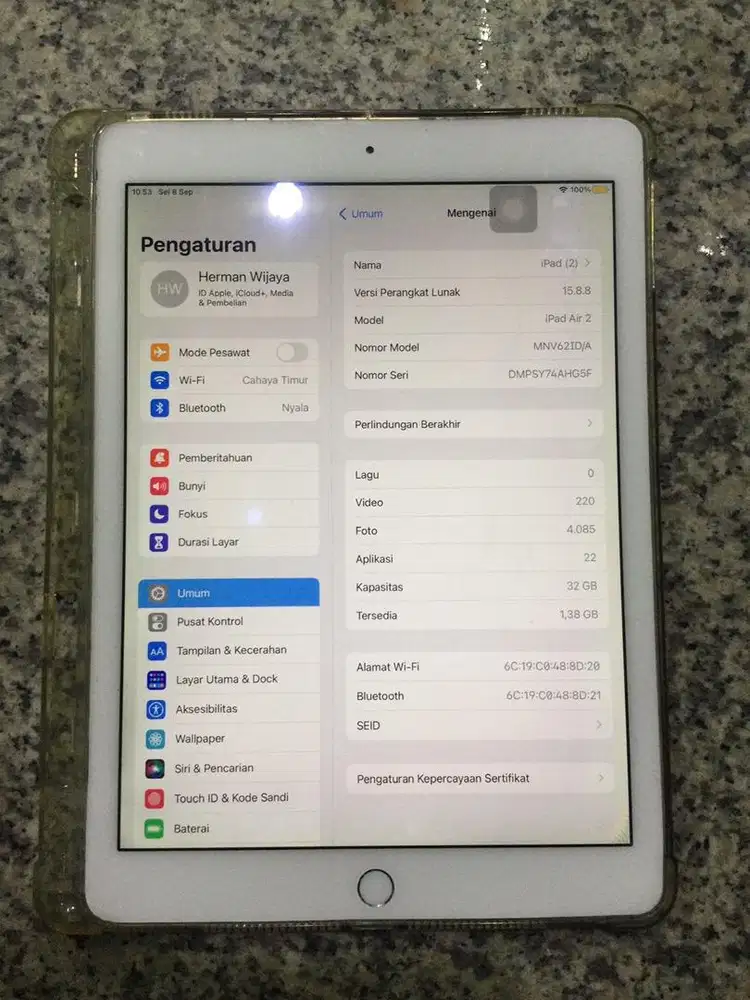Jual cepat iPad Air 2 32GB wifi only iOS 15.8.8 tidak bisa reset.
