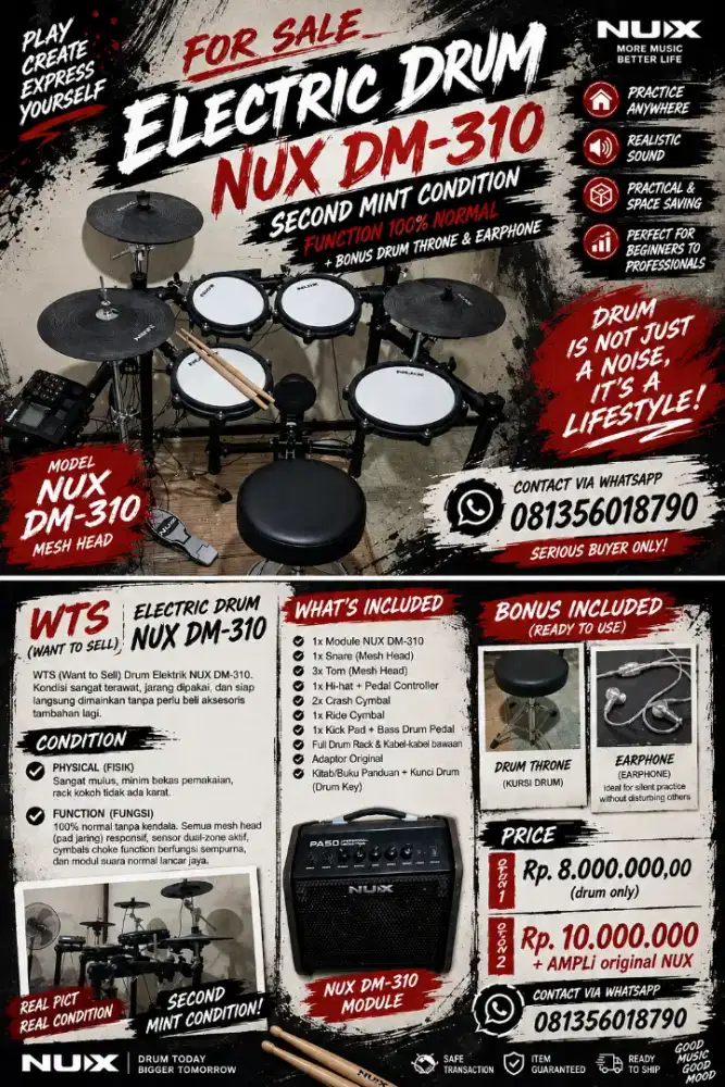 Jual Drum Elektrik NUX DM-310 Second Mulus - Bonus Kursi & Ear Monitor