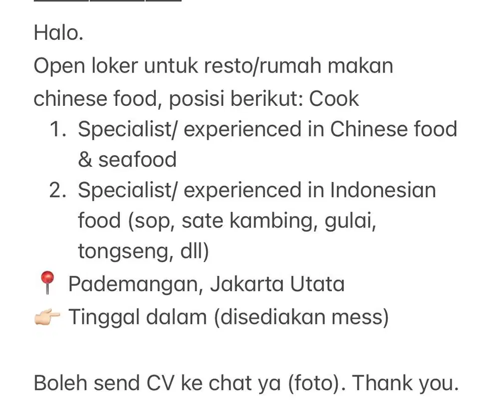 Dibutuhkan cepat - Lowongan kerja untuk posisi juru masak/ koki/ chef
