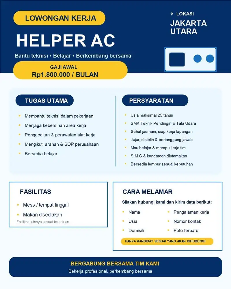 LOWONGAN HELPER TEKNISI AC