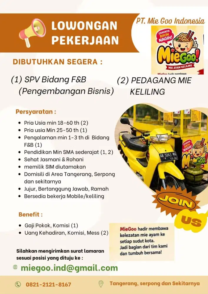 Lowongan SPV F&B & Operator Keliling Mie Goo