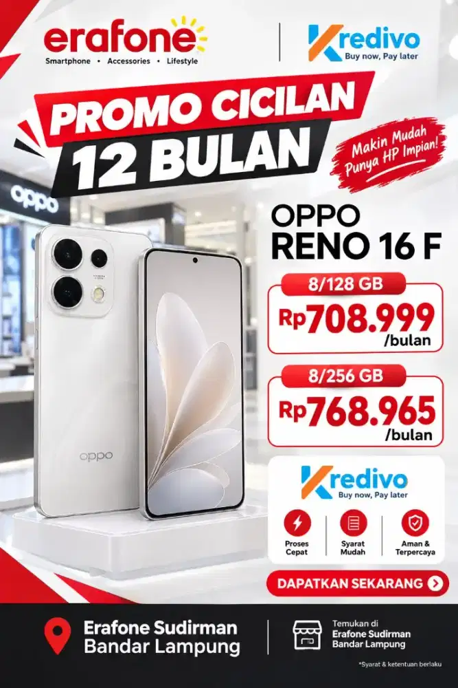 Oppo Reno 16 F Double Promo! Free 2x cicilan+indosat 780GB