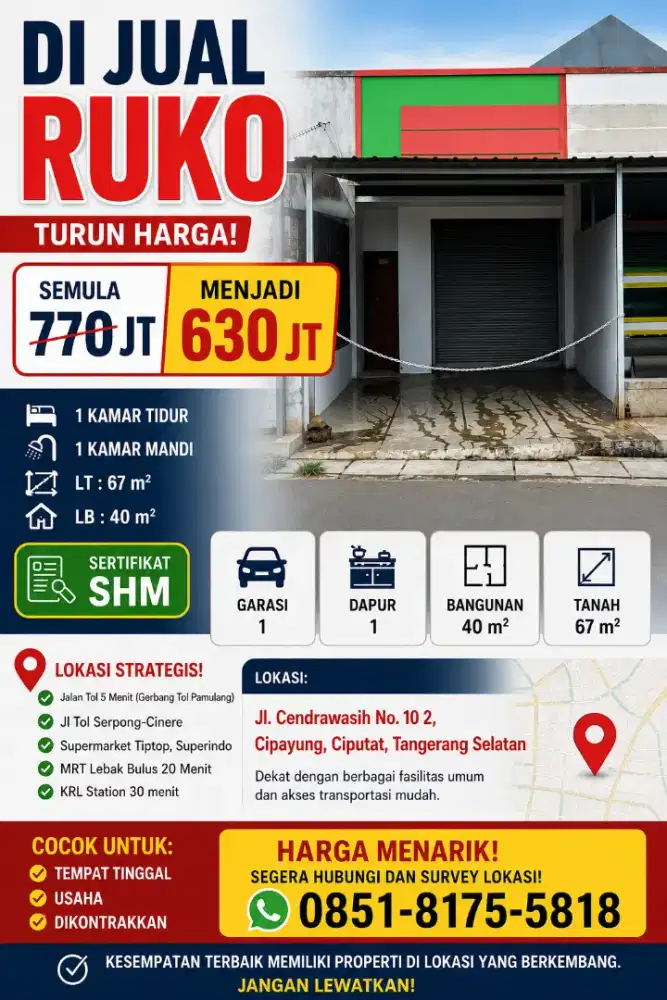 Dijual Murah Kios/Ruko Strategis, Rumah Murah Untuk Usaha