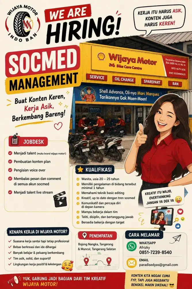 Lowongan mekanik,social media,operator kasir