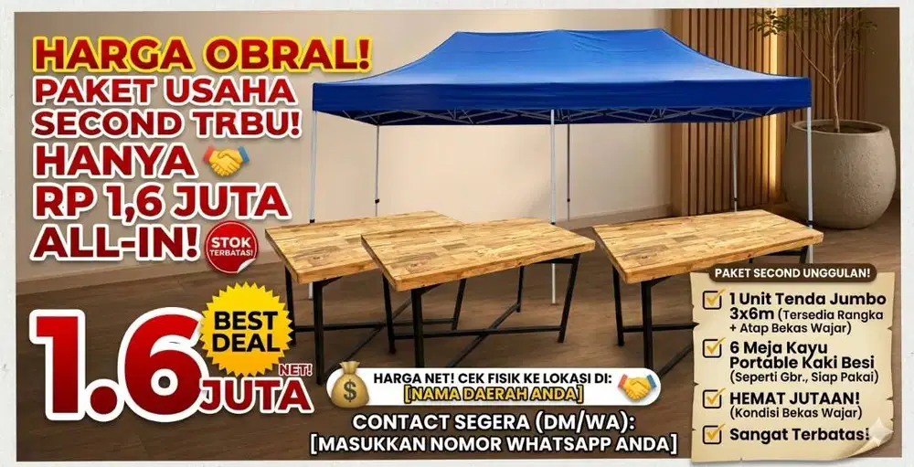 Paket siap usaha second...1 tenda besar 3 x 6m plus 6 meja hanya 1,6jt