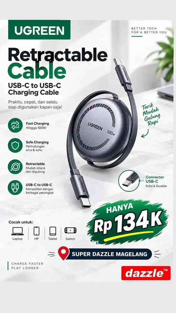 Kd ugreen c to c black retractable 100 watt 1m