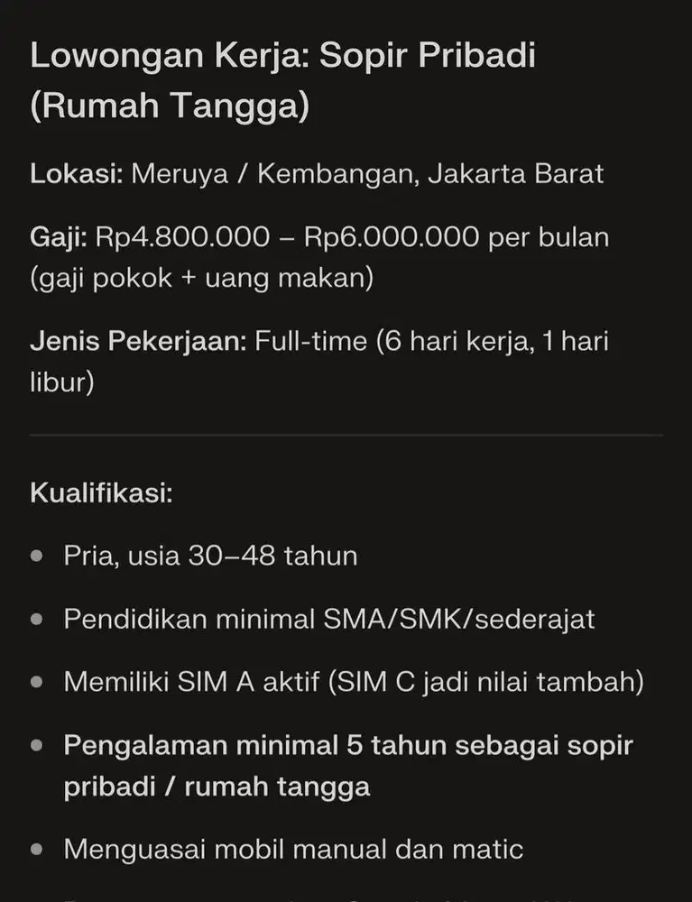 Dicari Sopir Pribadi Rumah Tangga