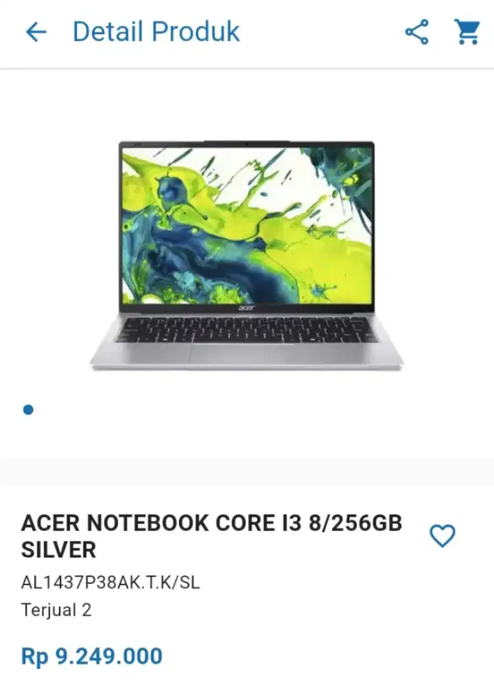 CICILAN ACER NOTEBOOK CORE I3 8/256GB SILVER