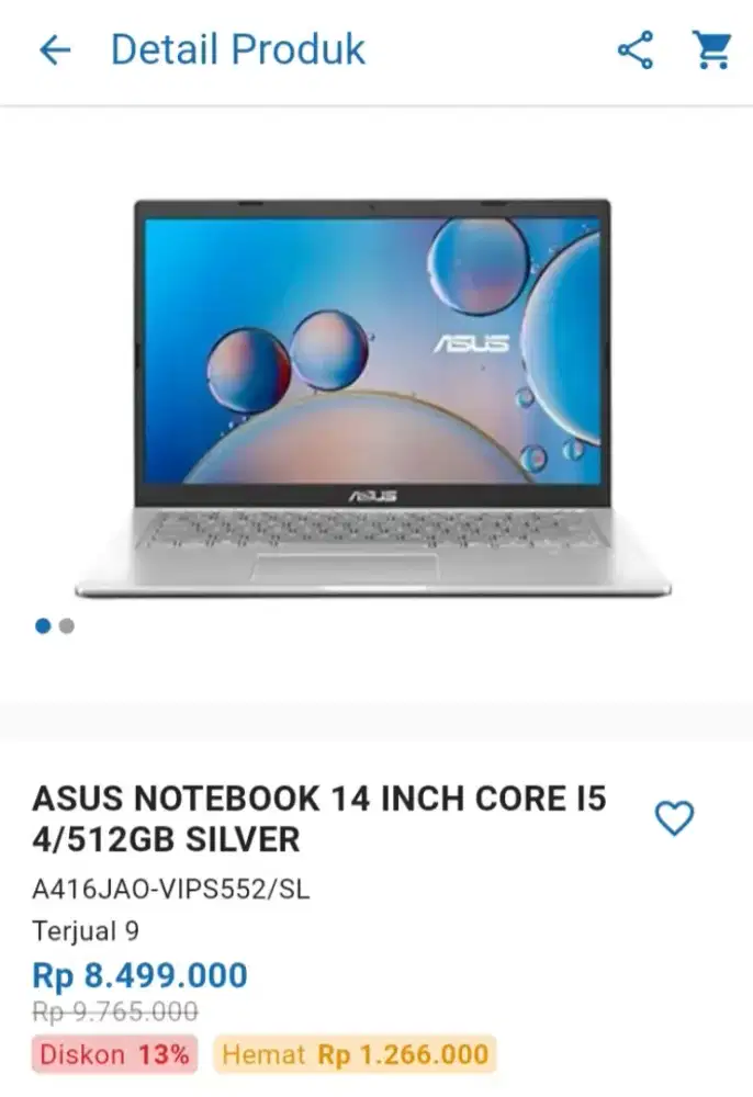 CICILAN ASUS NOTEBOOK 14 INCH CORE I5 4/512GB SILVER