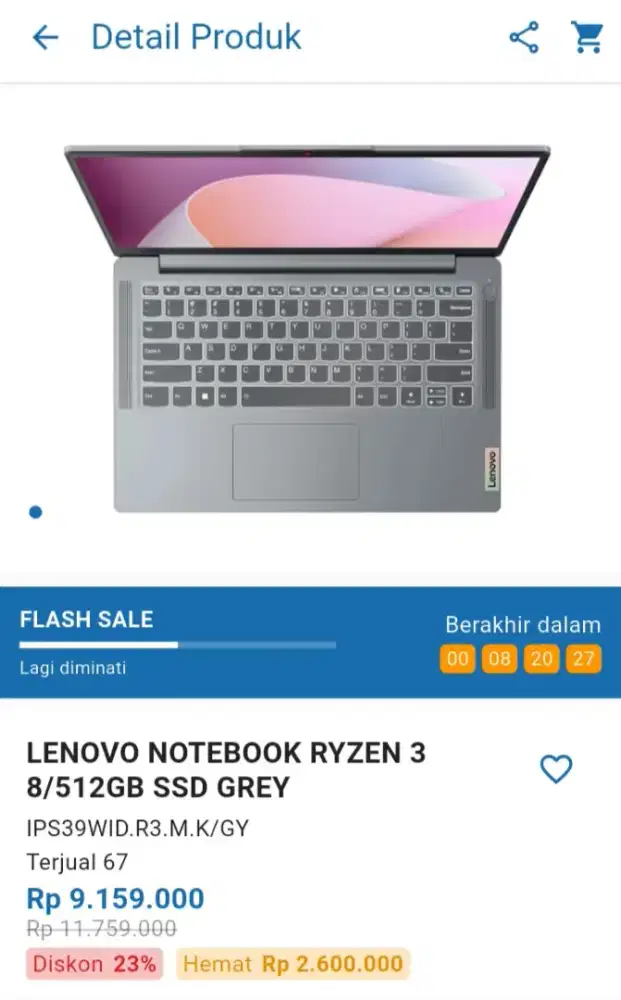 CICILAN LENOVO NOTEBOOK RYZEN 3 8/512GB SSD SILVER