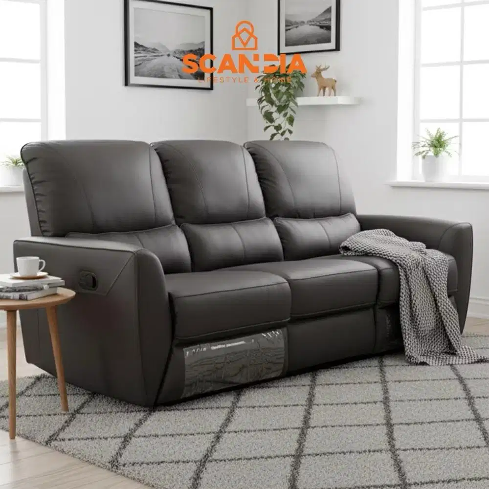 Scandia 3 seater recliner dark brown manual empuk branded sofa sandar