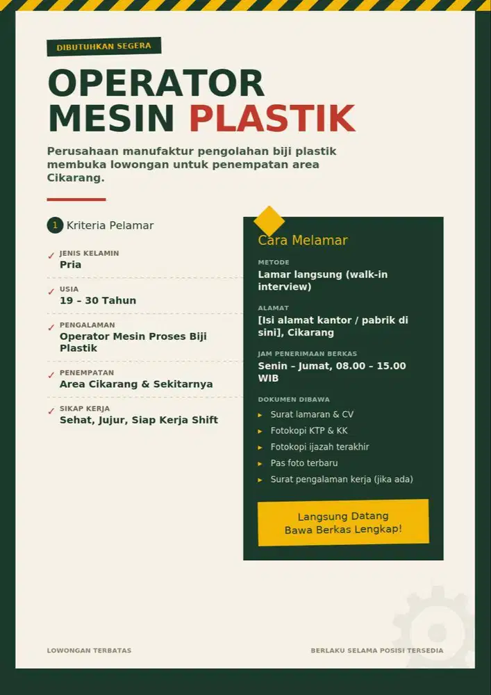 Lowongan kerja operator mesin proses plastik cikarang citarik bekasi