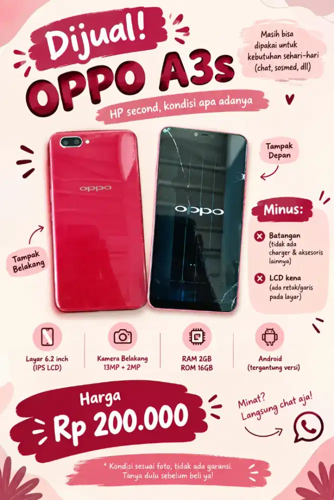 DIJUAL OPPO A3S - CUMA 200RB!