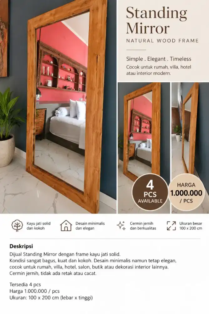 STANDING MIRROR NATURAL WOOD FRAME
