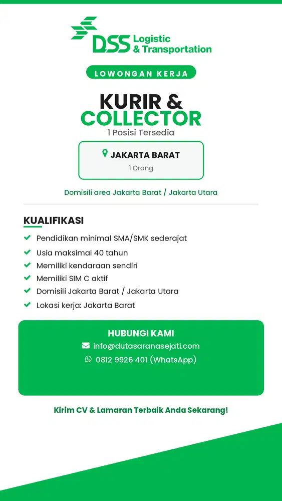 DICARI KURIR / COLLECTOR! POSISI KERJA JAKARTA BARAT