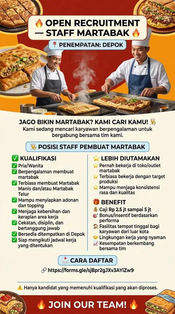 OPEN RECRUITMENT — STAFF MARTABAK  Penempatan Depok (Benefit 3jt)