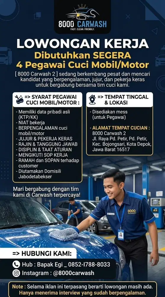 Lowongan cuci mobil/motor