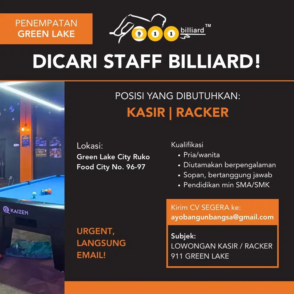 Lowongan Kasir / Racker 911 Billiard Green Lake