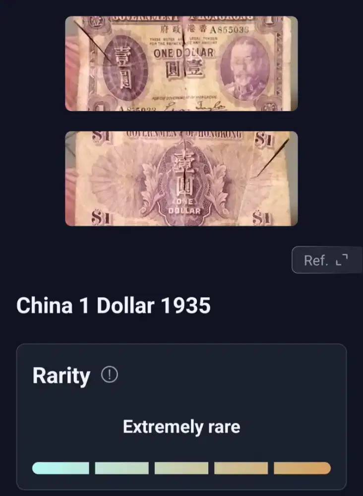 Uang kertas lama cina 1$ hongkong 1935