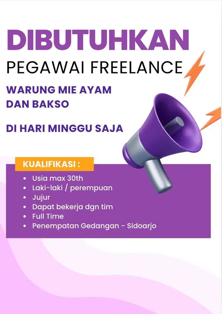 DIBUTUHKAN karyawan freelance dihari minggu  warung mie ayam dan bakso