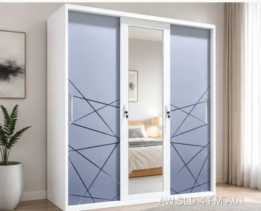 Lemari Pakaian Sliding Full Besi Cermin 3Pintu