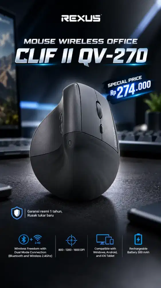 Rexus mouse vertikal wireless Clif II QV-270