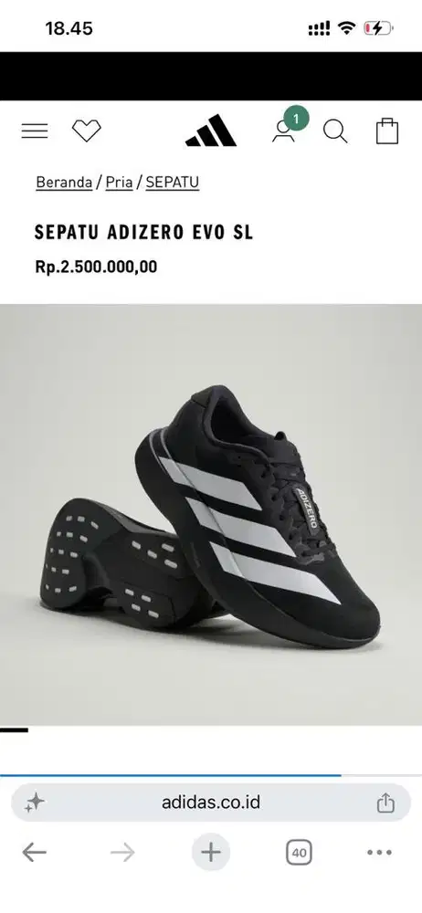 Sepatu Running Adidas Adizero EVO SL Black Size 42 Second Original
