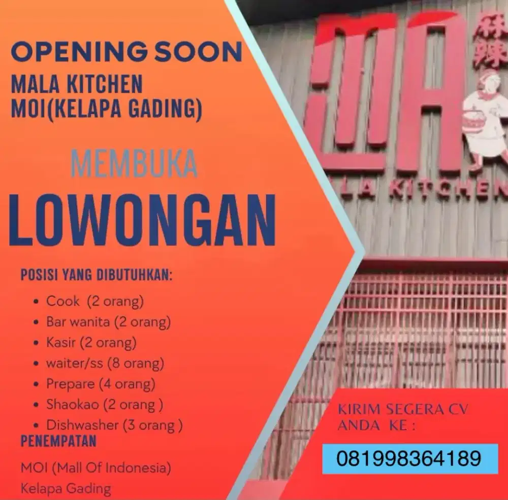 Loker Untuk Cabang Baru di MOI, Dan Butuh Admin Untuk di barang juga