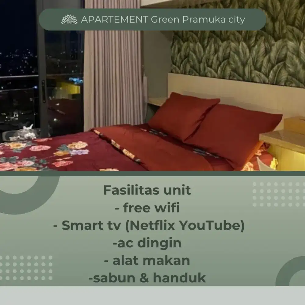 Sewa apartemen harian/transit perjam Green Pramuka city Jakarta pusat