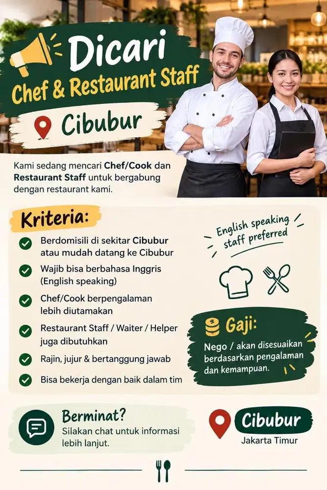 Dicari Chef & Restaurant Staff – Cibubur